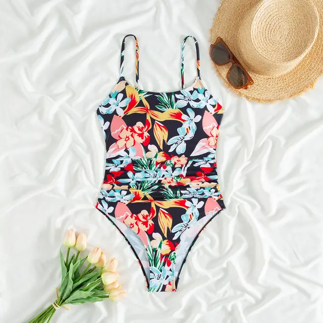 Printed Suspenders Pleated Women's One piece Swimming Suit Black Background With Pattern - Shop at LoveMi