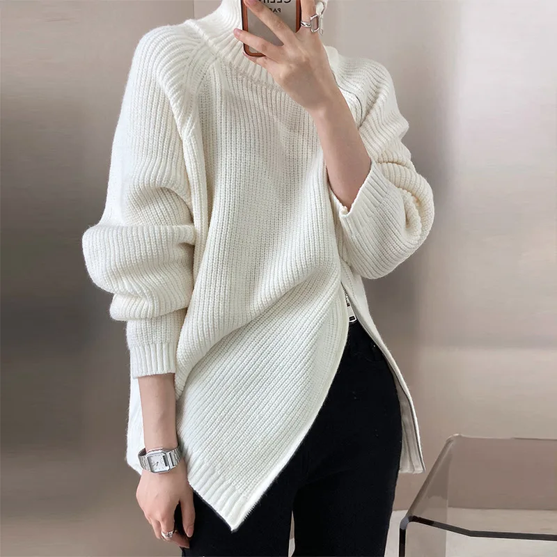 Double-headed Zipper Turtleneck Sweater Coat Loose Plus Size Knitwear - Beige