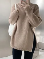 Double-headed Zipper Turtleneck Sweater Coat Loose Plus Size Knitwear - Khaki