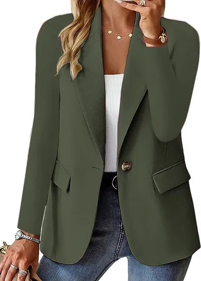 Fashion Casual Women Blazer Long sleeved Solid Color Casual Cardigan Small Suit Jacket For Women Elegant Office Lady Outerwear Army Green - Shop at LoveMi