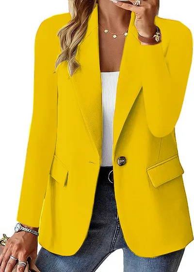 Fashion Casual Women Blazer Long sleeved Solid Color Casual Cardigan Small Suit Jacket For Women Elegant Office Lady Outerwear Yellow - Shop at LoveMi
