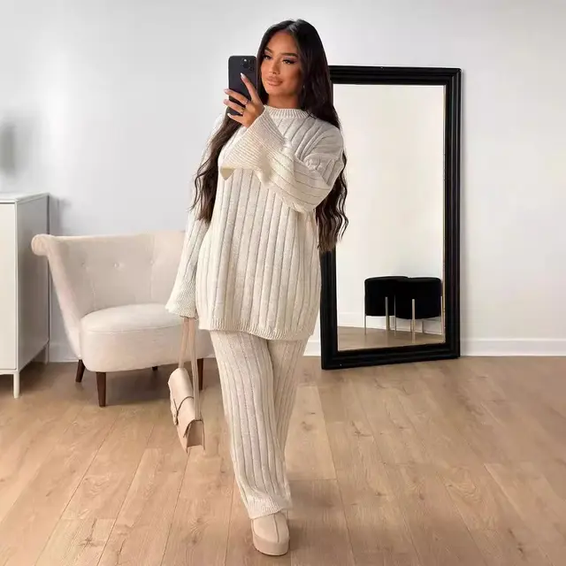 Solid Color Idle Style Round Neck Loose Sweater Trousers Two piece Set White - Shop at LoveMi