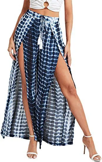 Trendy Leopard Print Casual Tassel Lace up Waist Leopard Print Wide leg Pants Blue - Shop at LoveMi