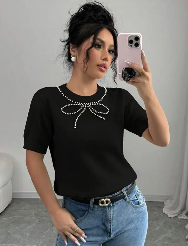 Short Sleeve Bow Rhinestone Slim Top Black - Shop at LoveMi