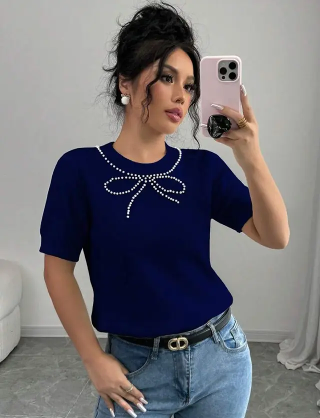 Short Sleeve Bow Rhinestone Slim Top Dark Blue - Shop at LoveMi