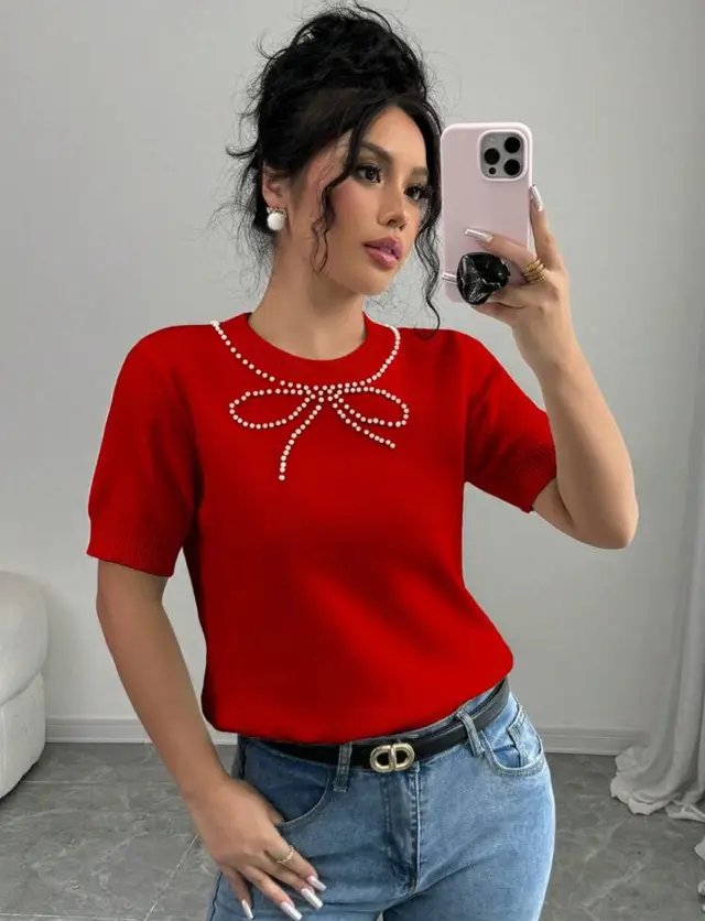 Short Sleeve Bow Rhinestone Slim Top Red - Shop at LoveMi