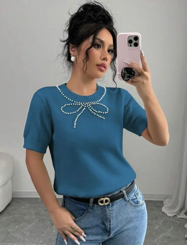 Short Sleeve Bow Rhinestone Slim Top Sapphire Blue - Shop at LoveMi
