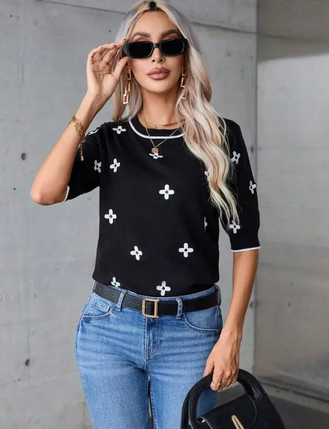 Flower Sweater With Short Sleeves Contrast Color Round Neck Black - Shop at LoveMi