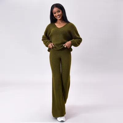 Knitted Sunken Stripe Brushed Long Sleeve Suit Army Green - Shop at LoveMi