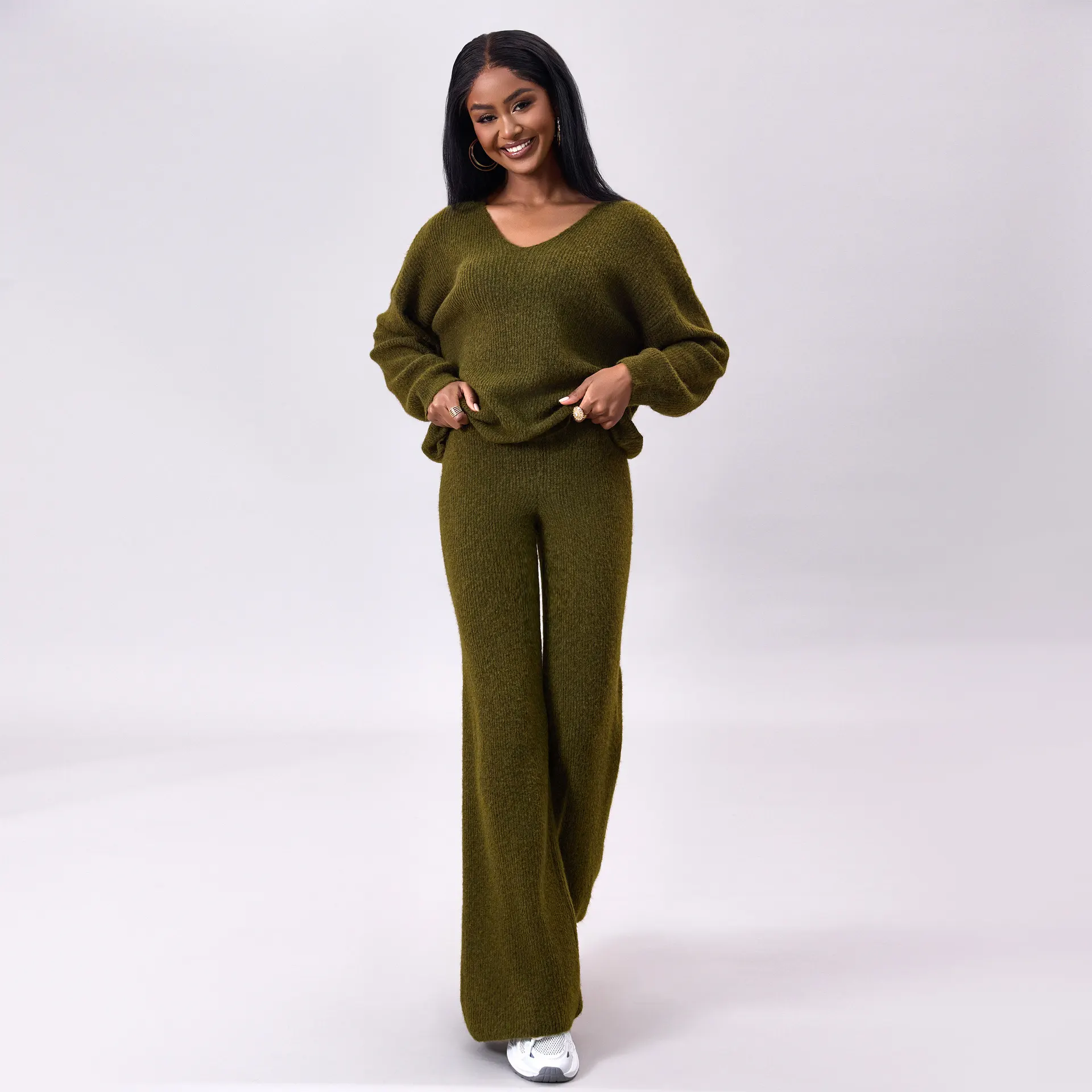 Knitted Sunken Stripe Brushed Long Sleeve Suit - Army Green