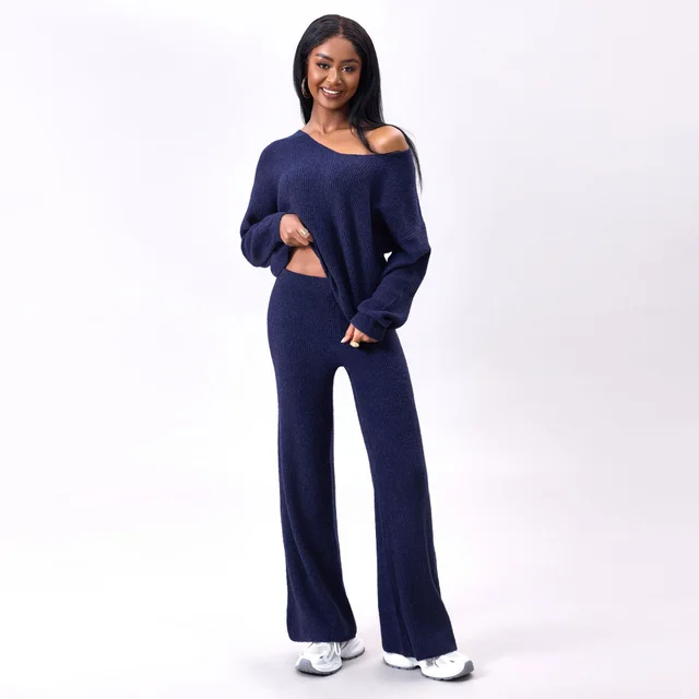 Knitted Sunken Stripe Brushed Long Sleeve Suit Dark Blue - Shop at LoveMi