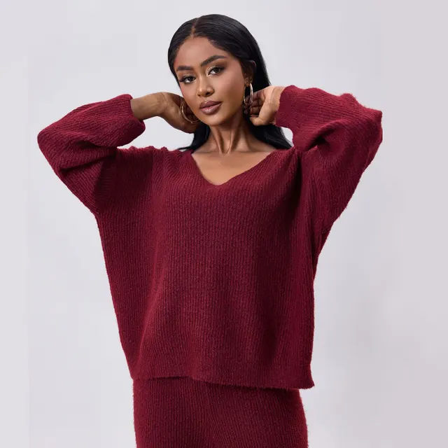 Knitted Sunken Stripe Brushed Long Sleeve Suit Wine Red - Shop at LoveMi