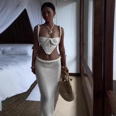 Y2K Crochet Knit Skirt Set Women's Square Collar Camisole Hip Skirt Hollow Out Strapless Tube Top Low Waist Bodycon Maxi Skirts Outfit White - Shop at LoveMi