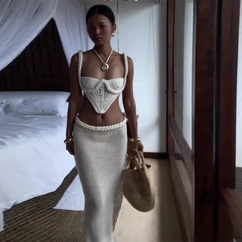 Y2K Crochet Knit Skirt Set Women's Square Collar Camisole Hip Skirt Hollow Out Strapless Tube Top Low Waist Bodycon Maxi Skirts Outfit White - Shop at LoveMi