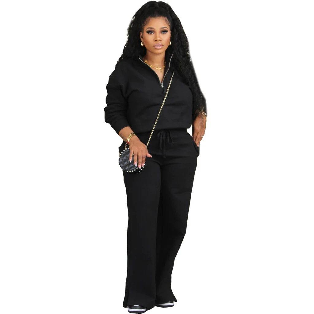 Solid Color Loose Zip Drawstring Pants Sports Two-piece Set - Black