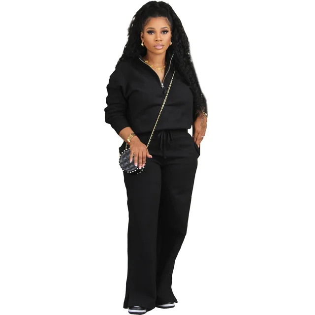 Solid Color Loose Zip Drawstring Pants Sports Two piece Set Black - Shop at LoveMi