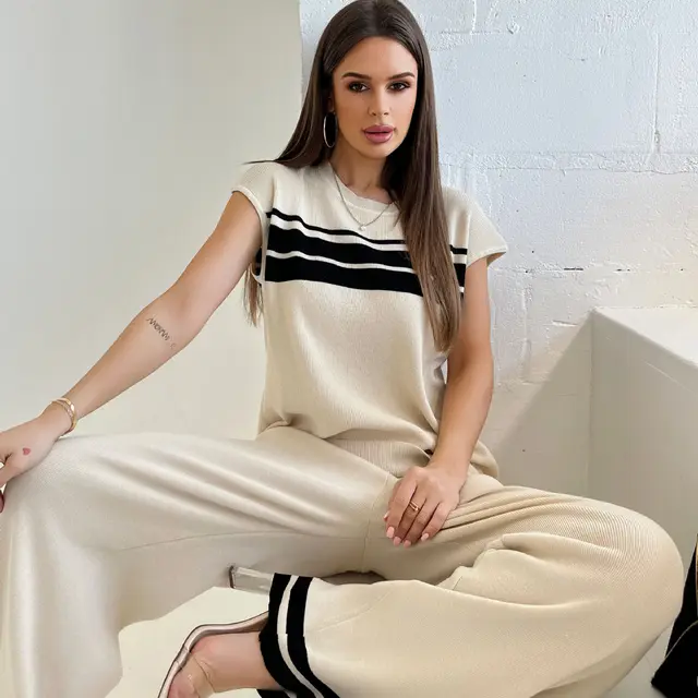 Top High Waist Wide Leg Pants Two piece Set Apricot - Shop at LoveMi