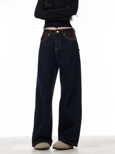 Retro Patchwork Plaid Blue Jeans For Women Loose Straight Trousers Blue - Shop at LoveMi