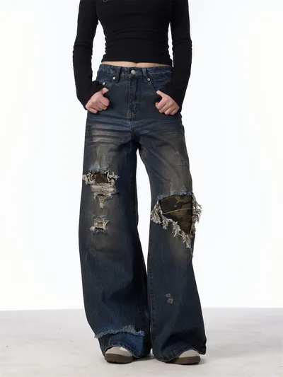 Distressed Camouflage Patch Ripped Jeans Women Loose Straight leg Wide leg Pants Dark Blue - Shop at LoveMi