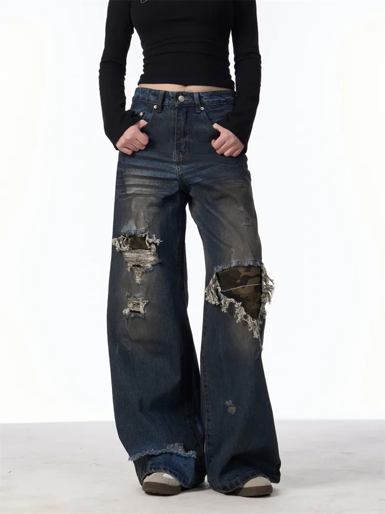 Distressed Camouflage Patch Ripped Jeans Women Loose Straight leg Wide leg Pants Dark Blue - Shop at LoveMi