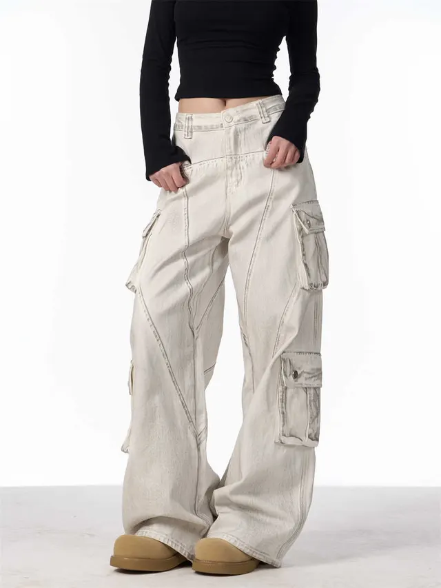 Retro Multi pocket Cargo Pants Women's Loose Wide Leg Straight Casual Trousers White - Shop at LoveMi