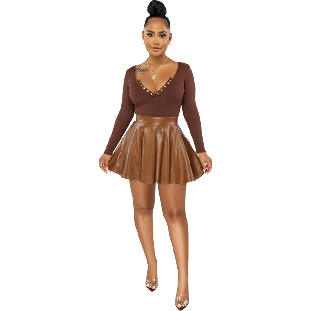 Sexy Solid Color PU Leather Swing Women's Skirt Brown - Shop at LoveMi