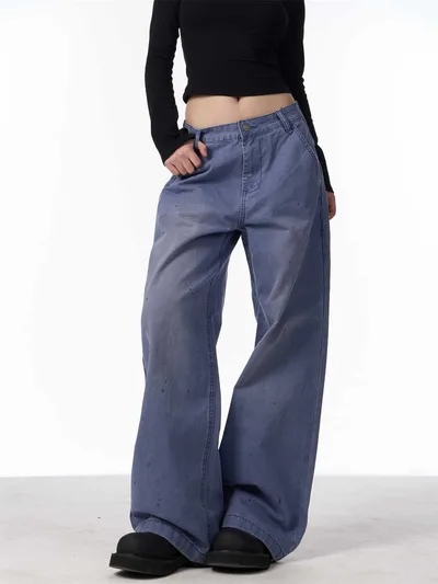 Retro Straight Cargo Pants Women's Loose Casual Wide leg Pants French Blue - Shop at LoveMi