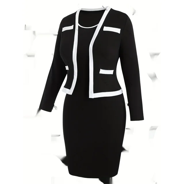 Women's Color Matching Three quarter Sleeve Top And Hip Skirt Two piece Set Black - Shop at LoveMi