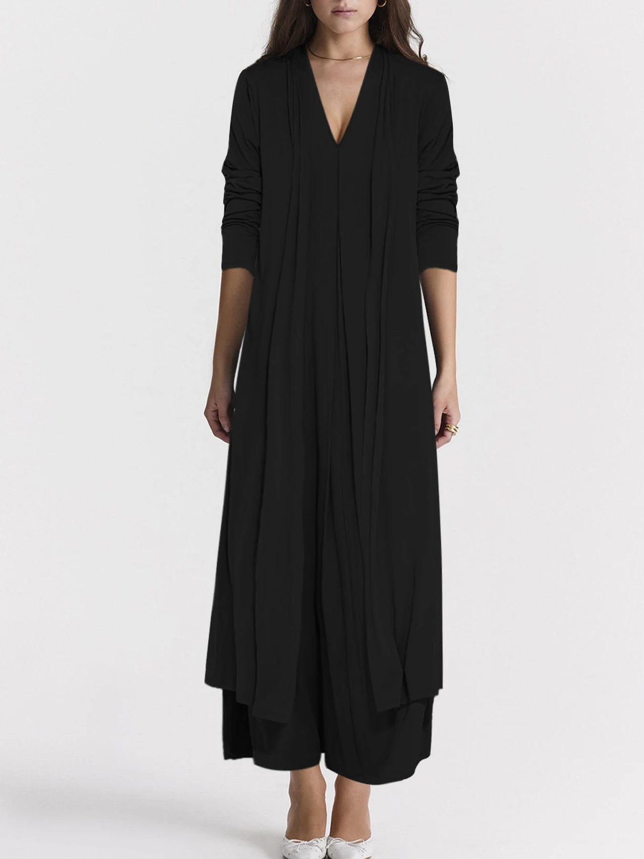 Casual Solid Color And V-neck Cardigan Coat Dress Suit - Black