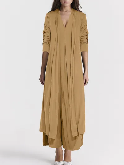 Casual Solid Color And V neck Cardigan Coat Dress Suit Khaki - Shop at LoveMi