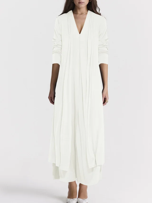 Casual Solid Color And V neck Cardigan Coat Dress Suit White - Shop at LoveMi