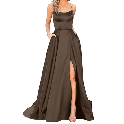 Solid Color Long Slimming And Shoulder Hollow Girlfriends Fashion Bridesmaid Party Dress Brown - Shop at LoveMi