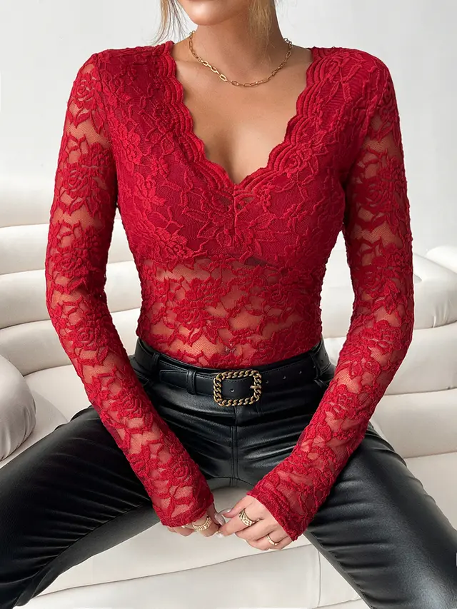 Fashion Women's Elegant Solid Color Lace Top Wine Red - Shop at LoveMi