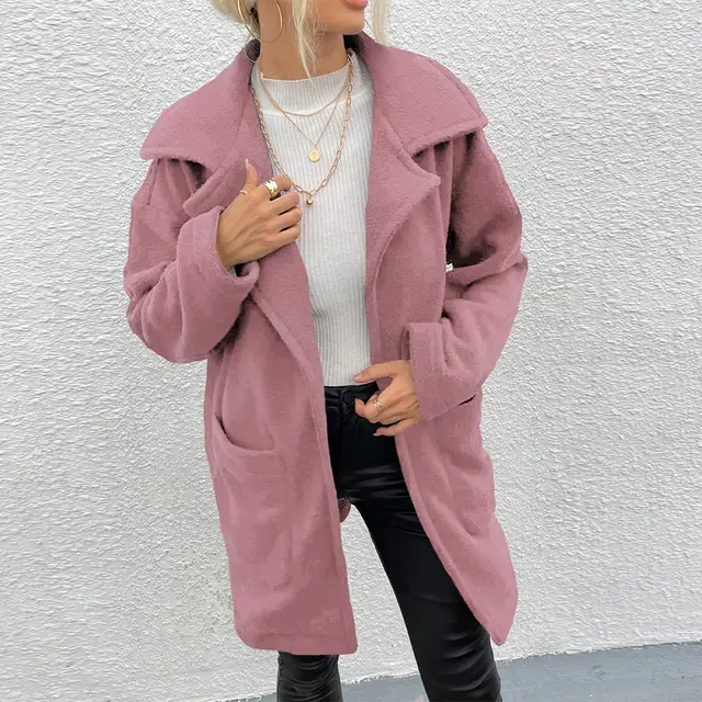 Women's Double sided Fleece Mid length Coat Pink - Shop at LoveMi