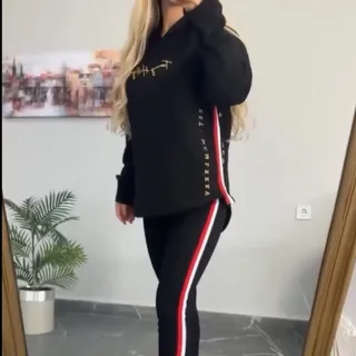 Women's Simple Printed Casual Hooded Top Leggings Suit - Black