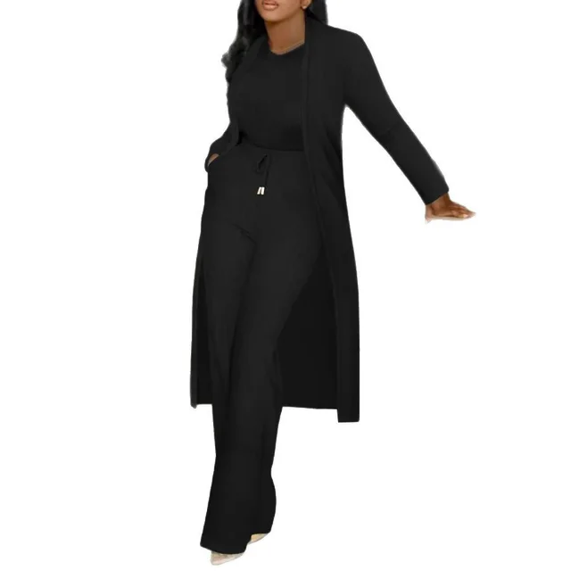 Long Cardigan Sunken Stripe Wide Leg Pants Two piece Set Black - Shop at LoveMi