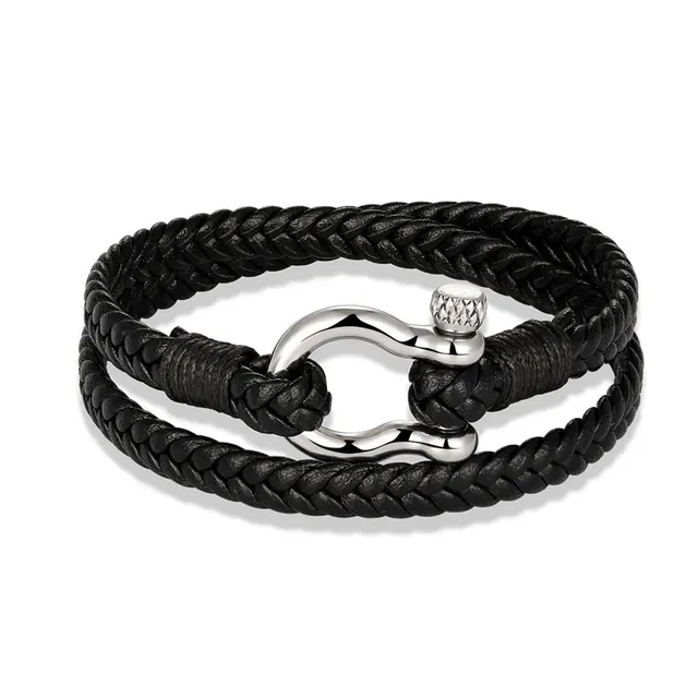Navy Anchor Chain Genuine Leather Vachette Clasp Woven Leather Bracelet Black - Shop at LoveMi