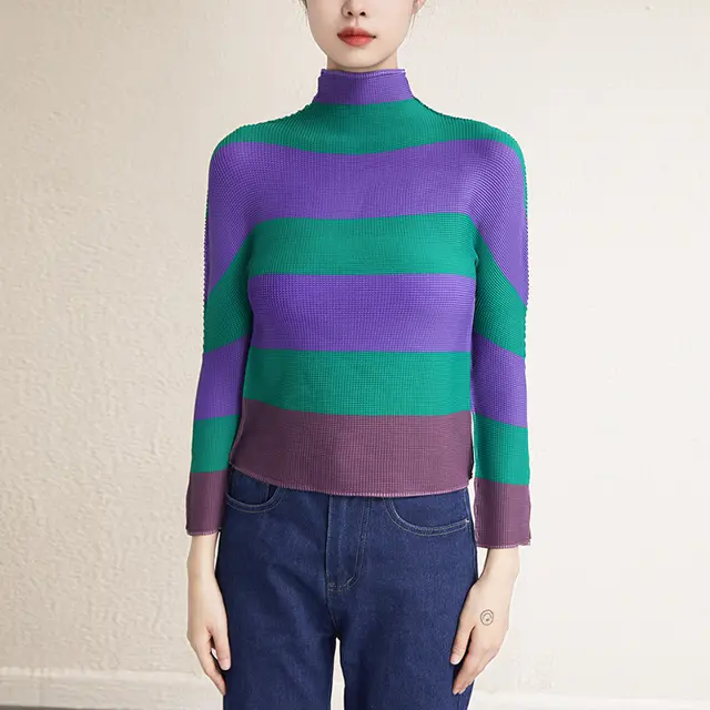 Long Sleeve Printed Striped Slim Top Purple - Shop at LoveMi