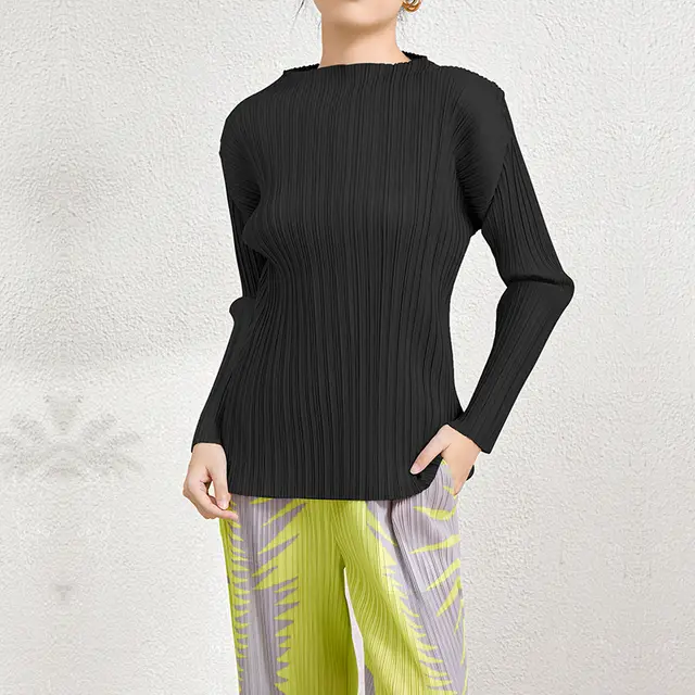 Korean Style Slim Fit Mock neck Stripes Long Sleeve Black - Shop at LoveMi