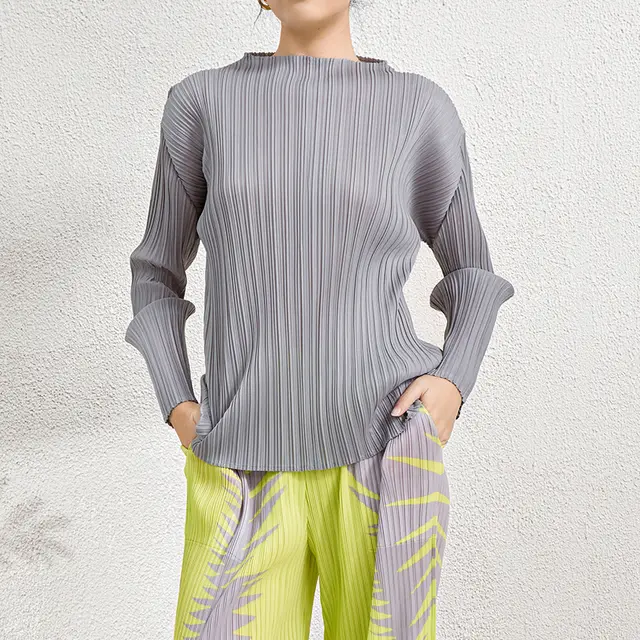 Korean Style Slim Fit Mock neck Stripes Long Sleeve Gray - Shop at LoveMi