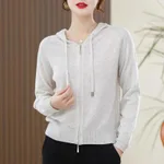 Lapel Knitted Cardigan Coat Ladies Hooded Loose Sweater - White