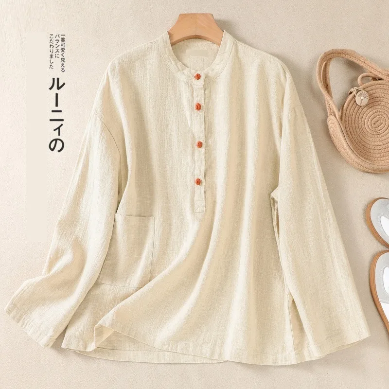Spring And Autumn Artistic Stand up Collar Color Matching Buckle Pullover Women's Cotton And Linen Shirt Hemp Color - Shop at LoveMi