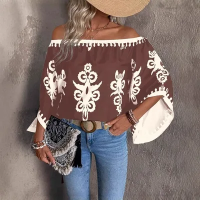 Fashion Loose Print Off shoulder Top Women Brown - Shop at LoveMi