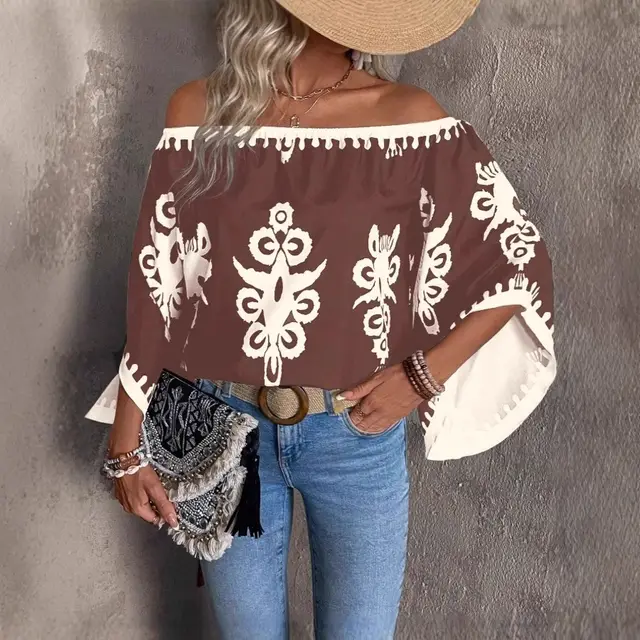 Fashion Loose Print Off shoulder Top Women Brown - Shop at LoveMi