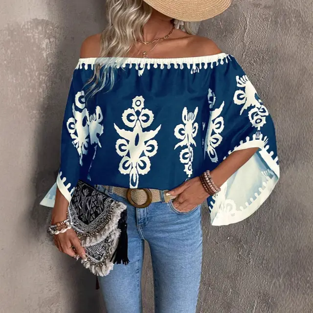 Fashion Loose Print Off shoulder Top Women Peacock Blue - Shop at LoveMi