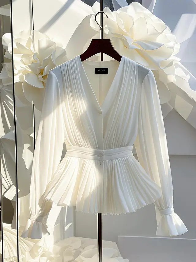 Early Temperament V neck Long Sleeve Top White - Shop at LoveMi