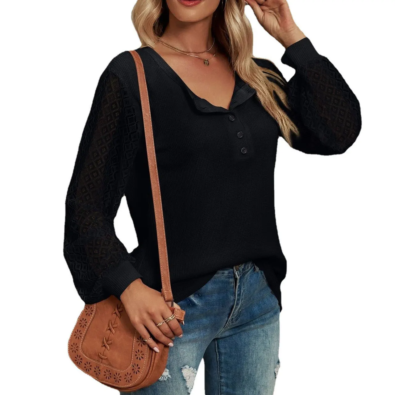 Ladies New Waffle Lace Stitching Coat - Black