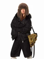 Short Fur Collar Coat Padded Hooded Cotton Coat - Black