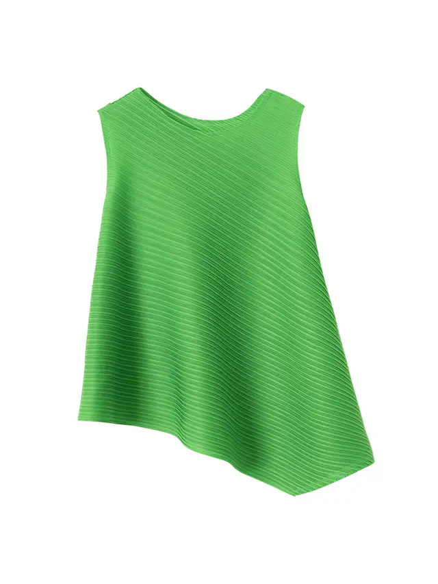 Pleated Women's Loose Slimming T shirt Sleeveless Green - Shop at LoveMi