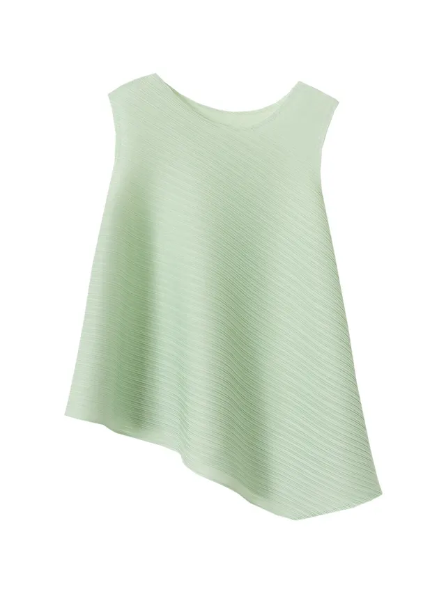 Pleated Women's Loose Slimming T shirt Sleeveless Light Green - Shop at LoveMi
